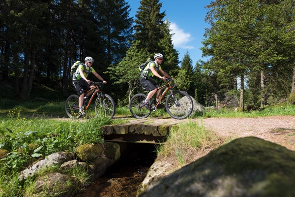 Schoenwald_Mountainbike-Touren_im_Schwarzwald Zwei Mountainbike-Fahrer fahren über eine Holzbrücke
